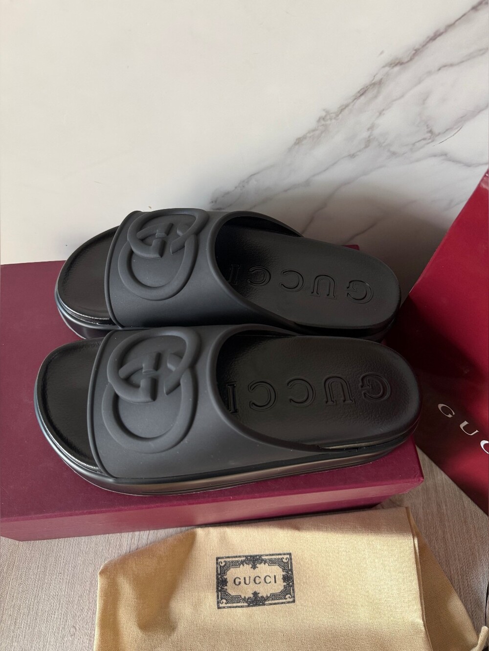 Gucci Black Rubber Platform Logo Slide Sandals